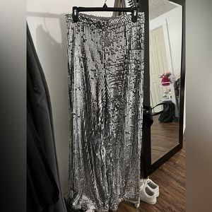 boohoo silver sequin wide leg dress pants